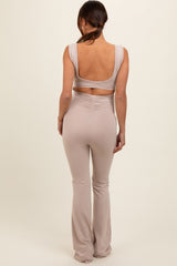 Beige Open Back Ruched Sleeveless Maternity Jumpsuit