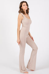 Beige Open Back Ruched Sleeveless Jumpsuit