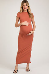 Rust Fitted Short Sleeve Maternity Maxi Dress