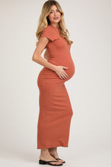 Rust Fitted Short Sleeve Maternity Maxi Dress