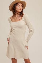 Cream Square Neck Long Sleeve Sweater Dress