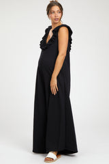 Black Ruffle Accent Wide Leg Maternity Jumpsuit