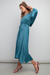 Teal Dull Satin V Neck Dress