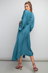 Teal Dull Satin V Neck Dress