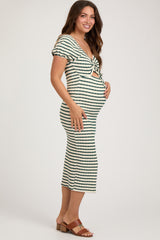 Forest Green Striped Drawstring Ruched Front Maternity Midi Dress