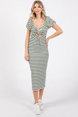 Forest Green Striped Drawstring Ruched Front Maternity Midi Dress