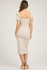 Grey Striped Drawstring Ruched Front Maternity Midi Dress