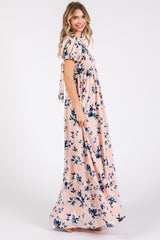 Light Pink Floral V-Neck Puff Sleeve Maxi Dress