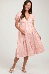 Peach Floral V-Neck Short Sleeve Maternity Dress