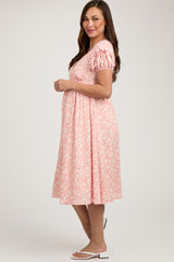 Peach Floral V-Neck Short Sleeve Maternity Dress