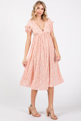 Peach Floral V-Neck Short Sleeve Maternity Dress