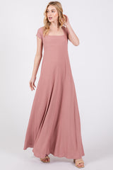 Mauve Ribbed Square Neck Short Sleeve Maternity Maxi Dress