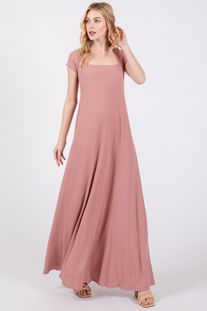 Mauve Ribbed Square Neck Short Sleeve Maternity Maxi Dress