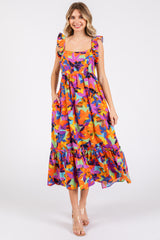 Orange Floral Satin Square Neck Ruffle Strap Midi Dress