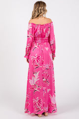 Fuchsia Floral Ruffle Neck Maxi Dress