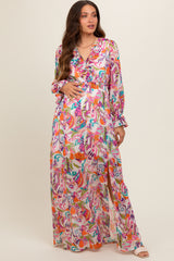 Pink Print Ruffle Long Sleeve Maternity Maxi Dress