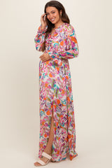 Pink Print Ruffle Long Sleeve Maternity Maxi Dress