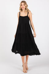 Black Sleeveless Button Tiered Midi Dress