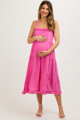 Fuchsia Sleeveless Button Tiered Maternity Midi Dress