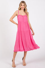 Fuchsia Sleeveless Button Tiered Midi Dress