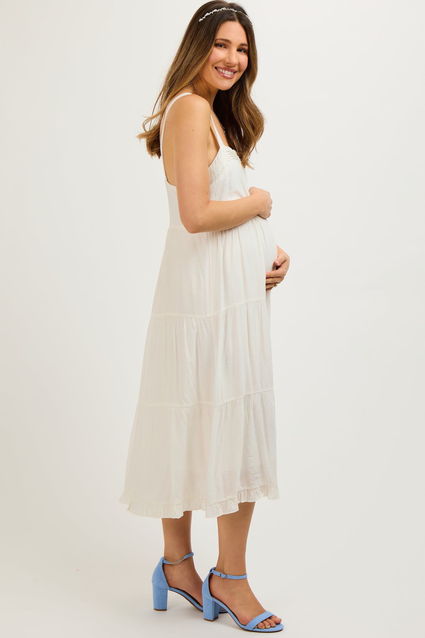 White Sleeveless Button Tiered Maternity Midi Dress