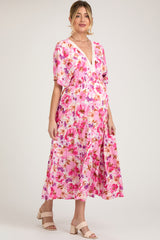 Fuchsia Multi-Color Floral Tiered Maternity Maxi Dress