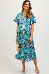 Blue Floral V-Neck Short Puff Sleeve Tie Waist Satin Maternity Midi Dress