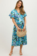 Blue Floral V-Neck Short Puff Sleeve Tie Waist Satin Maternity Midi Dress