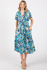 Blue Floral V-Neck Short Puff Sleeve Tie Waist Satin Maternity Midi Dress