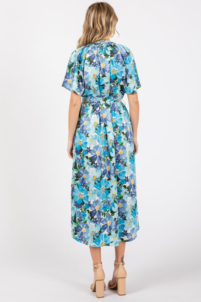 Blue Floral V-Neck Short Puff Sleeve Tie Waist Satin Midi Dress