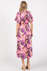 Violet Floral V-Neck Short Puff Sleeve Tie Waist Satin Midi Dress