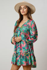 Green Floral V-Neck Ruffle Hem Dress