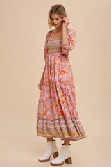 Pink Floral Smocked Half-Length Sleeves Midi Dress