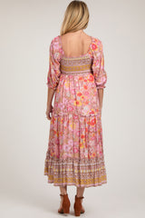 Pink Floral Smocked Half-Length Sleeves Maternity Midi Dress