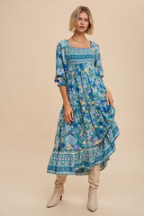 Teal Floral Smocked Half-Length Sleeves Midi Dress