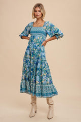 Teal Floral Smocked Half-Length Sleeves Midi Dress