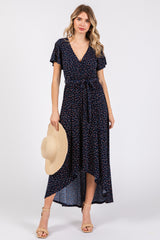 Navy Blue Wrap Front V-Neck Hi-Low Midi Dress