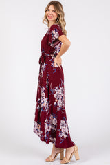 Burgundy Floral Print Wrap Front V-Neck Hi-Low Midi Dress