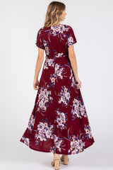 Burgundy Floral Print Wrap Front V-Neck Hi-Low Midi Dress