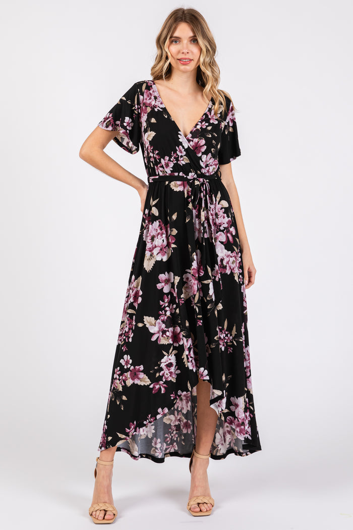 Black Floral Print Wrap Front V-Neck Hi-Low Maternity Midi Dress