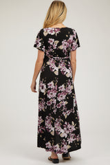 Black Floral Print Wrap Front V-Neck Hi-Low Maternity Midi Dress