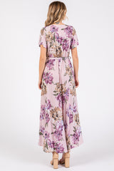 Purple Floral Print Wrap Front V-Neck Hi-Low Midi Dress