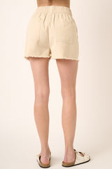 Beige Raw Hem Drawstring Shorts