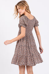 Charcoal Floral Smocked Puff Sleeve Dress
