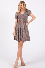 Charcoal Floral Smocked Puff Sleeve Dress