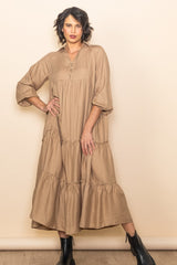 Taupe Button Front V-Neck Ruffle Tiered Midi Dress
