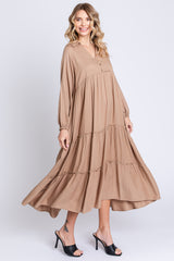 Taupe Button Front V-Neck Ruffle Tiered Midi Dress
