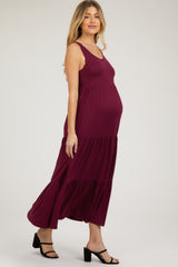 Burgundy Sleeveless Scoop Back Tiered Maternity Maxi Dress