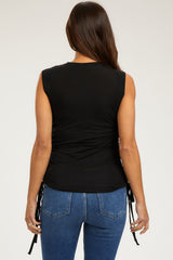 Black Rib Knit Ruched Drawstring Maternity Tank Top