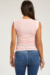 Light Pink Rib Knit Ruched Drawstring Maternity Tank Top